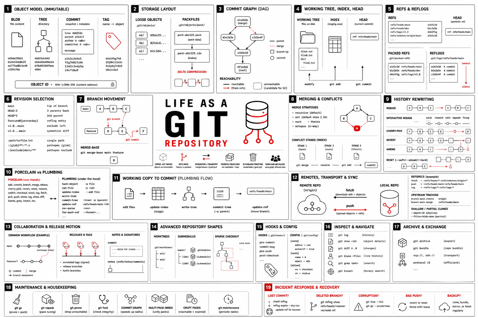 Near-white technical zine aesthetic with black ink, one strong red accent (#cc0000), sparse 2005 web sensibility, philosophical but legible. Create a polished wide infographic visual for "Life as a Git repository" about Life as a Git repository. Context: Treat the reader as a peer. Give a complete Git overview: the immutable object model, blobs, trees, commits, tags, object IDs, loose objects, packfiles, delta compression, commit DAGs, reachability, the working tree, the index, HEAD, refs, packed refs, symbolic refs, reflogs, revision selection, pathspecs, attributes, ignores, branch movement, merge-base, merge strategies, conflict stages, rerere, rebase, interactive rebase, cherry-pick, revert, amend, reset, restore, switch, checkout, stash, clean, tags, notes, signed commits, remotes, refspecs, clone, fetch, pull, push, upstream tracking, remote-tracking branches, shallow clones, partial clones, sparse checkout, worktrees, submodules, hooks, config, aliases, bisect, blame, log, show, diff, grep, archive, bundle, gc, maintenance, repack, prune, fsck, commit-graph, multi-pack indexes, cruft packs, and incident-response style recovery. Explain both porcelain commands and the plumbing beneath them, especially cat-file, hash-object, update-index, write-tree, commit-tree, update-ref, rev-parse, and for-each-ref. Emphasize repository logic and usage: Git copies objects separately from moving refs, integration is separate from transport, rewriting creates new objects, garbage collection is delayed forgetting, and collaboration workflows are policies layered on top of the same object graph.. Key points to visualize: Object model and content identity; Working tree, index, and commit construction; Refs, HEAD, reflogs, and revision language; Branching, merging, and conflict logic; Rebases, cherry-picks, and history rewriting; Remotes, transport, and synchronization; Collaboration workflows and release motion; Maintenance, recovery, and advanced repository shapes. Use concise labels only; avoid paragraphs and tiny text. Leave the detailed explanatory copy to the surrounding HTML page.