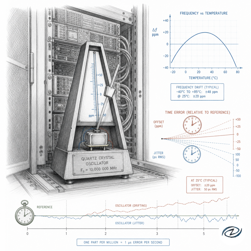 A quartz crystal oscillator as an imperfect metronome inside a server, its frequency bending with temperature curves, drift measured in parts per million, offset and jitter plotted as diverging clock faces against a reference timeline, meticulous ixen-light technical illustration.