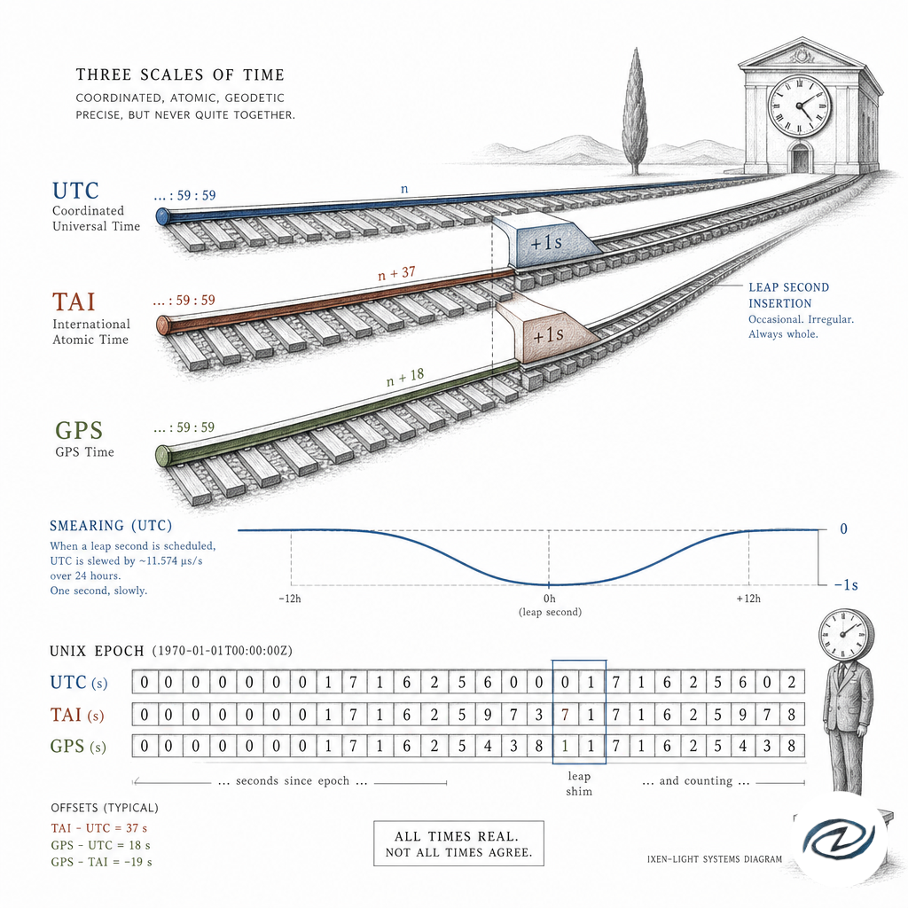 UTC, TAI, and GPS time as three parallel rails diverging by integer seconds, leap seconds inserted as physical shims between rails, a smearing curve stretching one second across twenty-four hours, Unix epoch counters ticking beneath, precise ixen-light systems diagram.