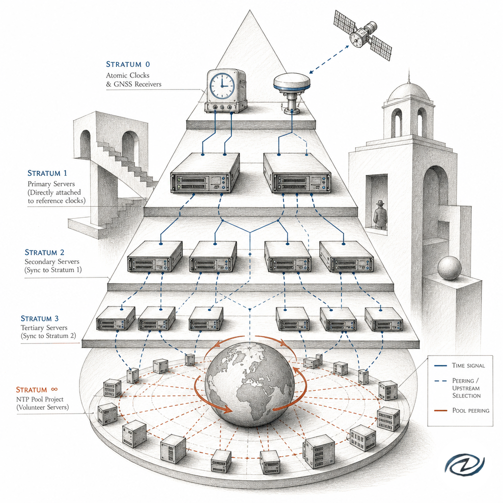 The NTP stratum hierarchy as a pyramid: atomic clocks and GNSS receivers at stratum 0, their attached servers at stratum 1, layers of servers fanning out below, the public NTP pool as a rotating globe of volunteer machines, dashed lines marking peering and upstream selection, ixen-light technical illustration.