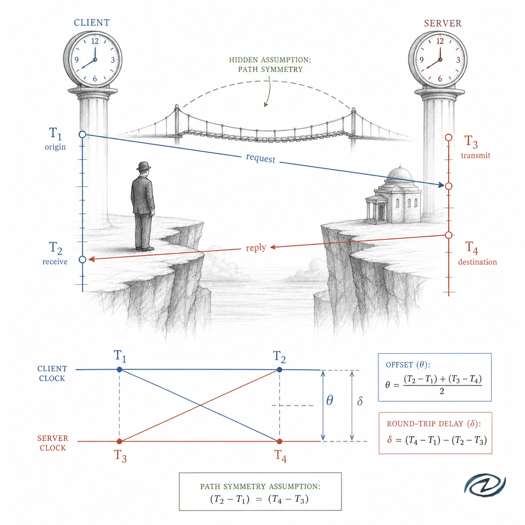 One NTP exchange dissected: a request and reply crossing a network, four timestamps T1 T2 T3 T4 stamped at origin, receive, transmit, and destination, offset and round-trip delay derived as geometric constructions between the two clock rails, the hidden assumption of path symmetry drawn as a fragile bridge, crisp ixen-light diagram.