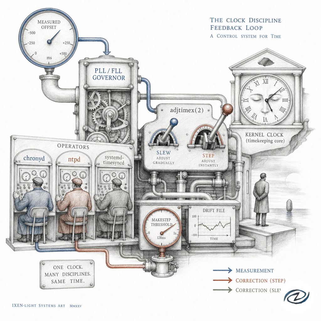A clock discipline feedback loop as an engine room: measured offset entering a PLL/FLL governor, adjtimex levers slewing the kernel clock gently versus a step lever yanking it, chronyd and ntpd and systemd-timesyncd as three different operators of the same machinery, makestep thresholds and drift files as labeled gauges, ixen-light systems art.