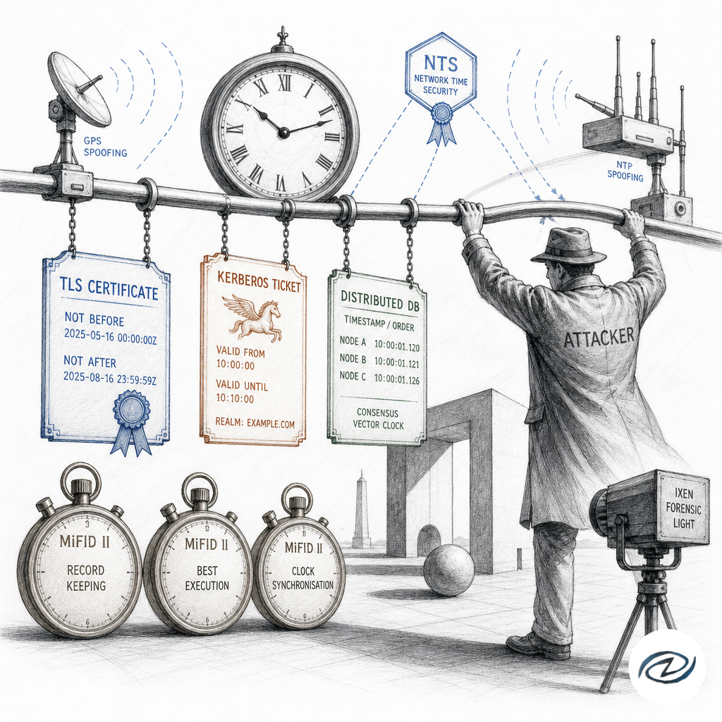Time as a security dependency: TLS certificate validity windows, Kerberos tickets, and distributed database ordering all hanging from a single clock rail, an attacker bending the rail with spoofed NTP packets and GPS spoofing antennas, NTS cryptographic seals guarding the packets, regulatory stopwatches labeled MiFID II, forensic ixen-light illustration.