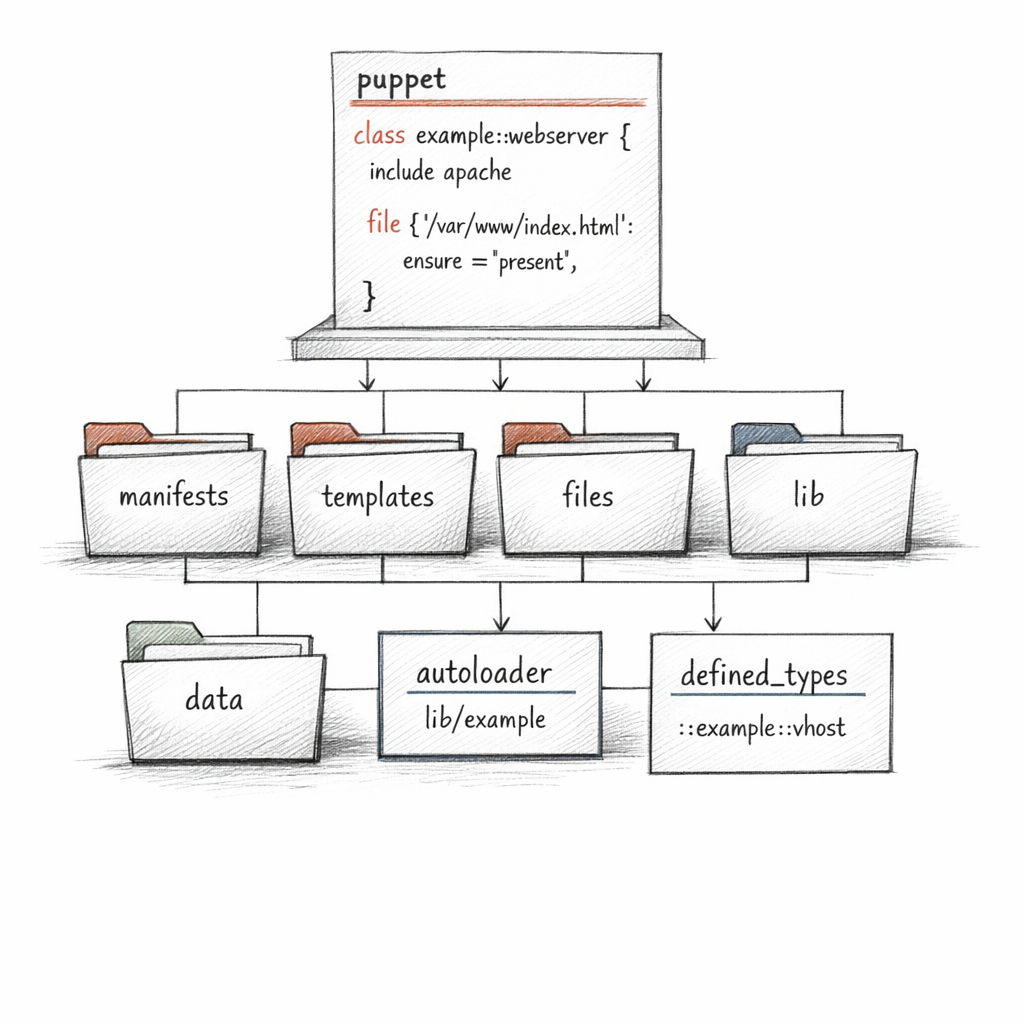 Puppet module structure rendered as a precise filesystem diagram — manifests, templates, files, lib, data directories — with class declarations, defined types, and autoloader paths visible, crisp ixen-light systems art.