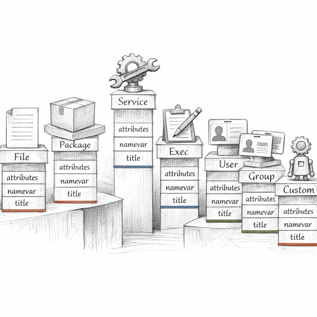 Puppet resource types shown as a precise taxonomy — file, package, service, exec, user, group, and custom types — each with attributes, namevar, title, and provider layers, ixen-light technical illustration.