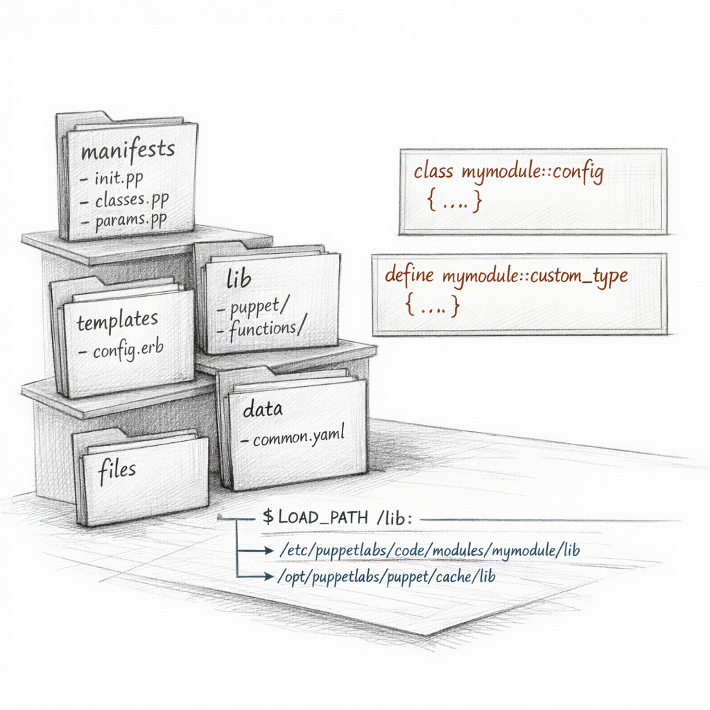 Puppet module structure rendered as a precise filesystem diagram — manifests, templates, files, lib, data directories — with class declarations, defined types, and autoloader paths visible, crisp ixen-light systems art.