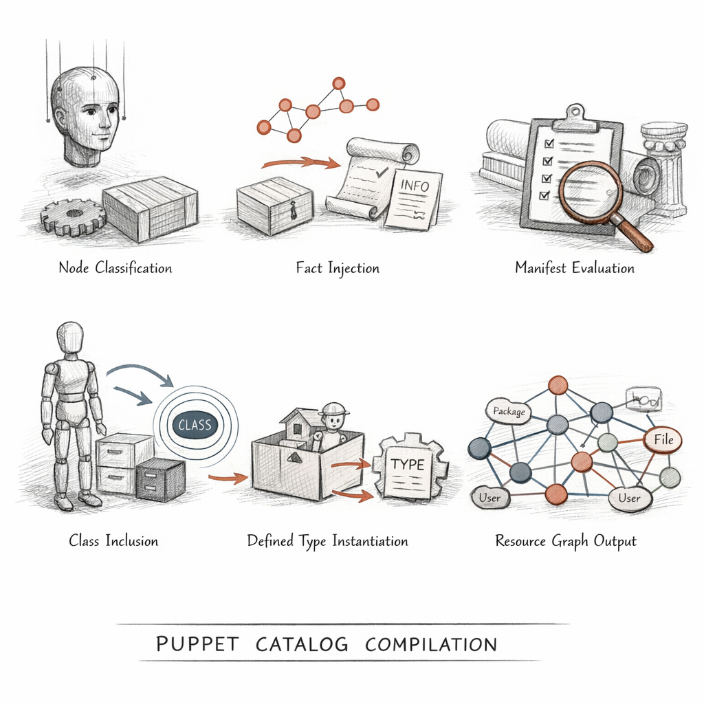 Puppet catalog compilation shown as sequential phases — node classification, fact injection, manifest evaluation, class inclusion, defined type instantiation, and final resource graph output — precise ixen-light technical diagram.