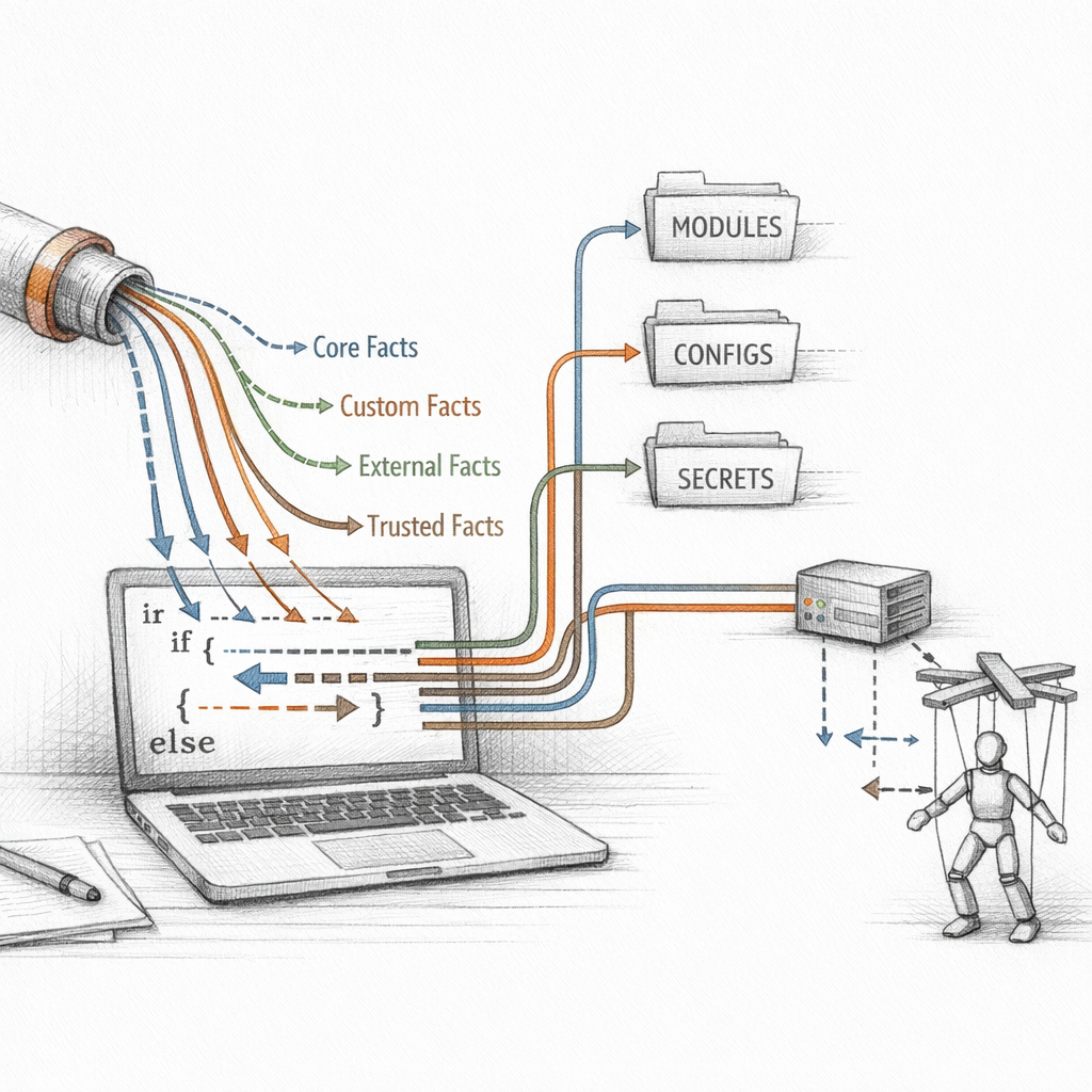 Facter facts flowing into Puppet catalog compilation visualized as structured data streams — core facts, custom facts, external facts, trusted facts, and fact-conditional branching in manifests, ixen-light technical illustration.