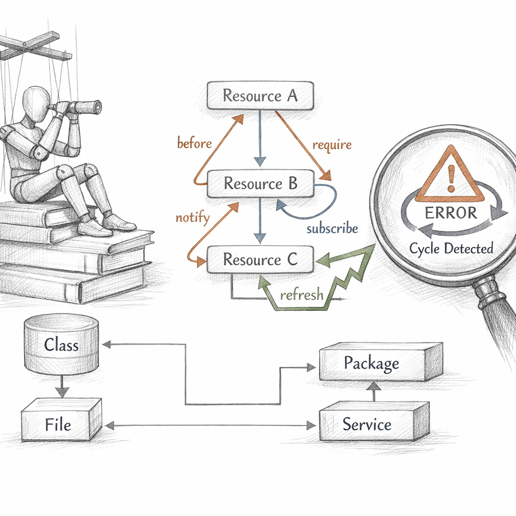 Puppet resource ordering graph with before, after, require, notify, subscribe metaparameters as directed edges, containment arrows from classes and defined types, refresh signals, and cycle detection, precise ixen-light systems diagram.