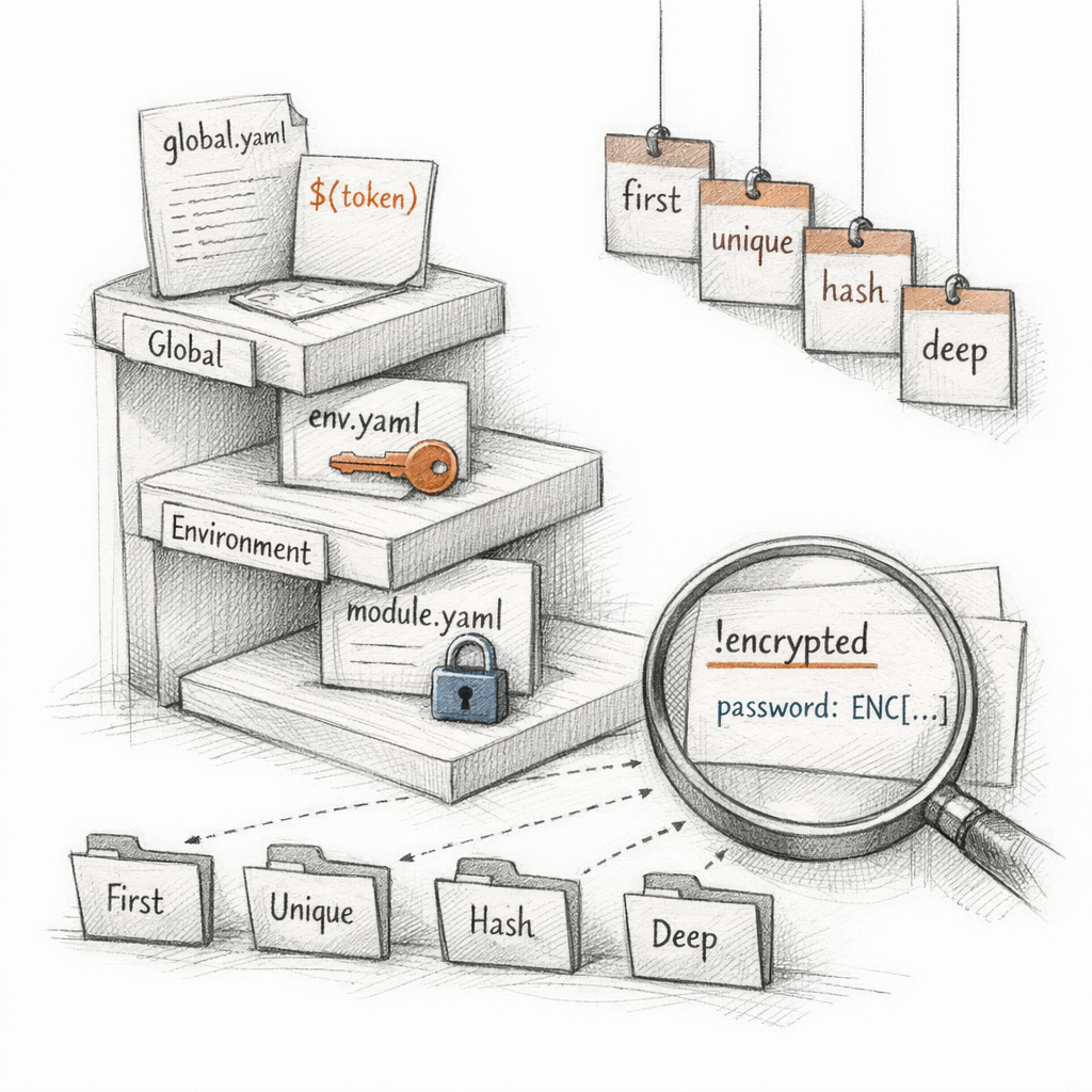Puppet Hiera hierarchy shown as layered lookup tiers — global, environment, module — with YAML backends, interpolation tokens, merge strategies (first, unique, hash, deep), and eyaml encrypted keys visible, crisp ixen-light technical art.