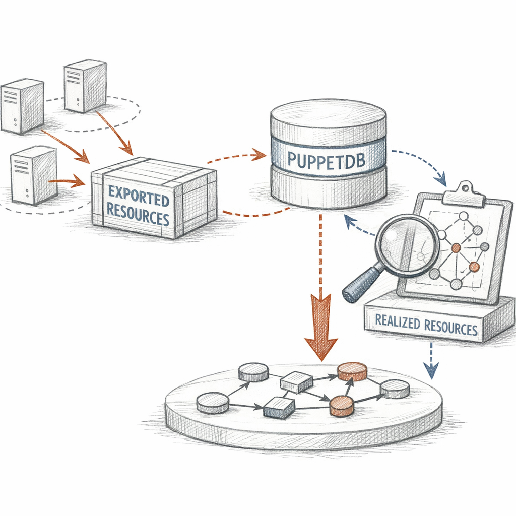 Puppet exported resources and PuppetDB shown as cross-node coordination — nodes exporting resources into a shared store, collectors querying and realising them, and the catalog graph incorporating external state, ixen-light systems diagram.