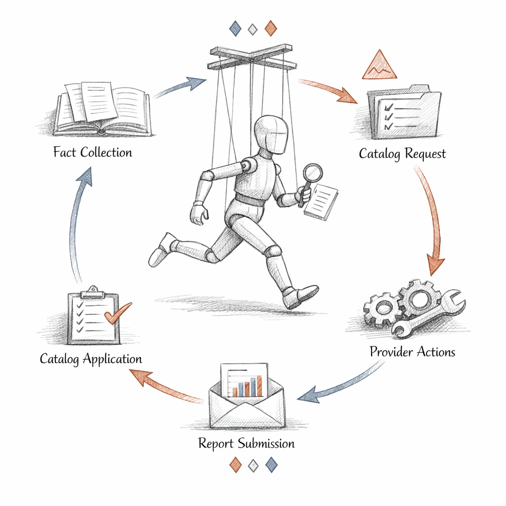 Puppet agent run cycle visualized as a timed loop — fact collection, catalog request, catalog application, provider actions, report submission — with idempotent convergence arrows and drift detection markers, precise ixen-light technical illustration.