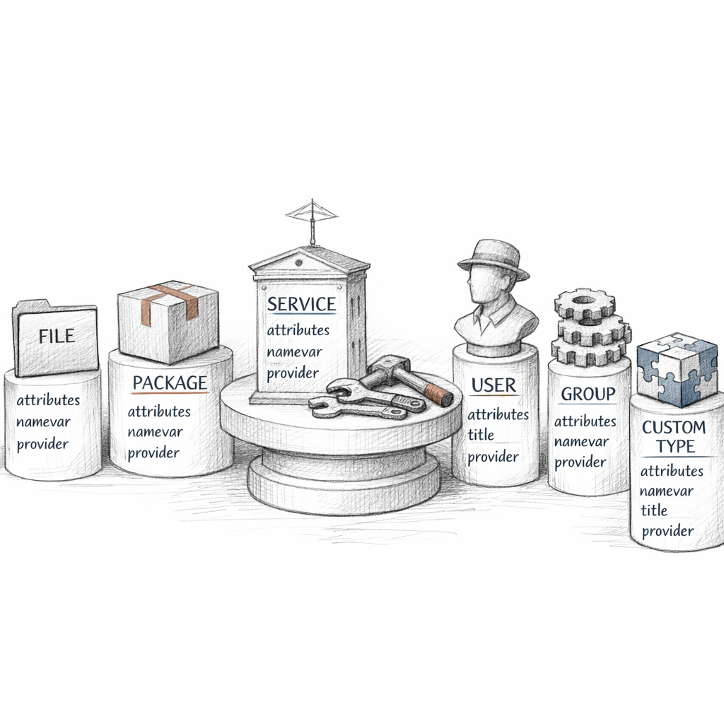 Puppet resource types shown as a precise taxonomy — file, package, service, exec, user, group, and custom types — each with attributes, namevar, title, and provider layers, ixen-light technical illustration.