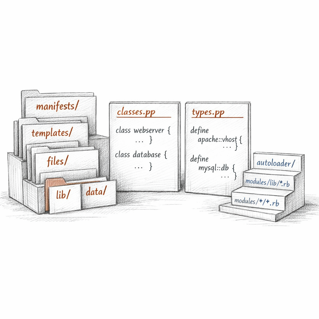 Puppet module structure rendered as a precise filesystem diagram — manifests, templates, files, lib, data directories — with class declarations, defined types, and autoloader paths visible, crisp ixen-light systems art.