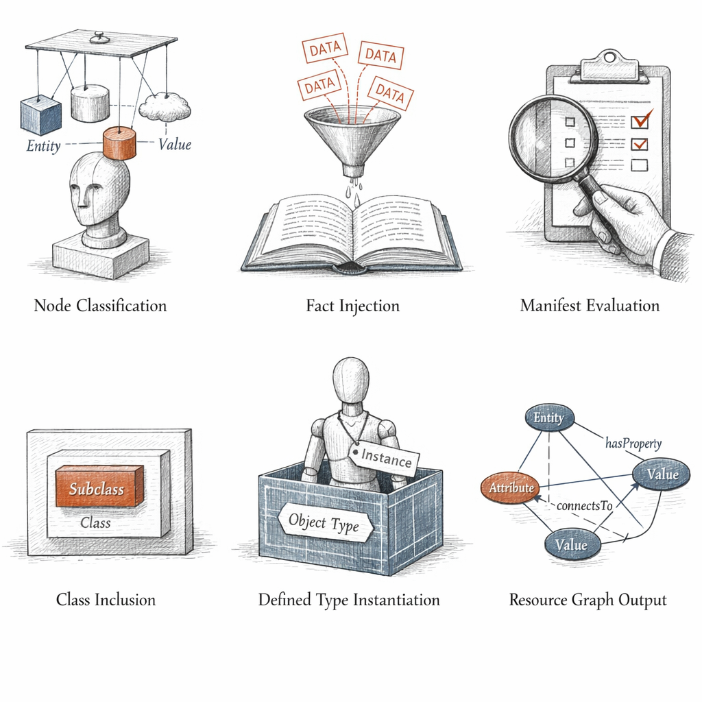 Puppet catalog compilation shown as sequential phases — node classification, fact injection, manifest evaluation, class inclusion, defined type instantiation, and final resource graph output — precise ixen-light technical diagram.