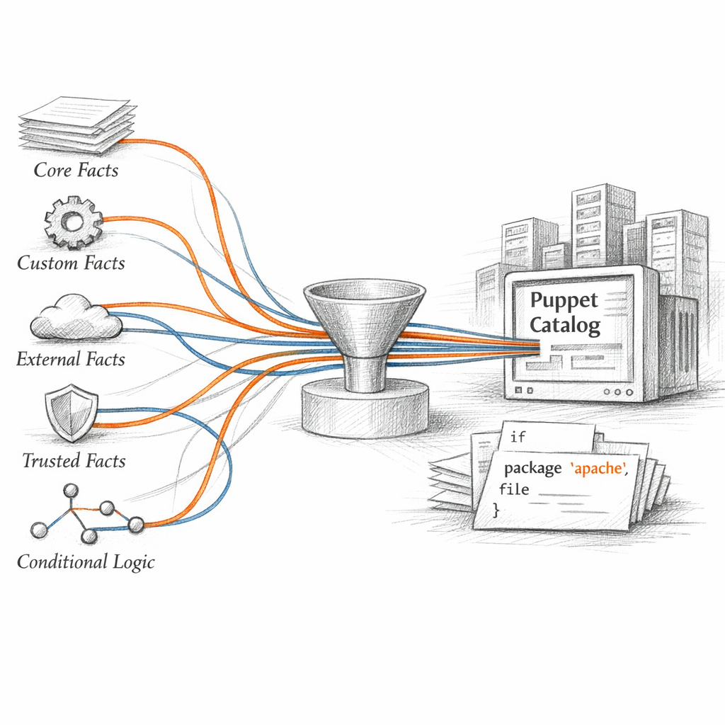 Facter facts flowing into Puppet catalog compilation visualized as structured data streams — core facts, custom facts, external facts, trusted facts, and fact-conditional branching in manifests, ixen-light technical illustration.