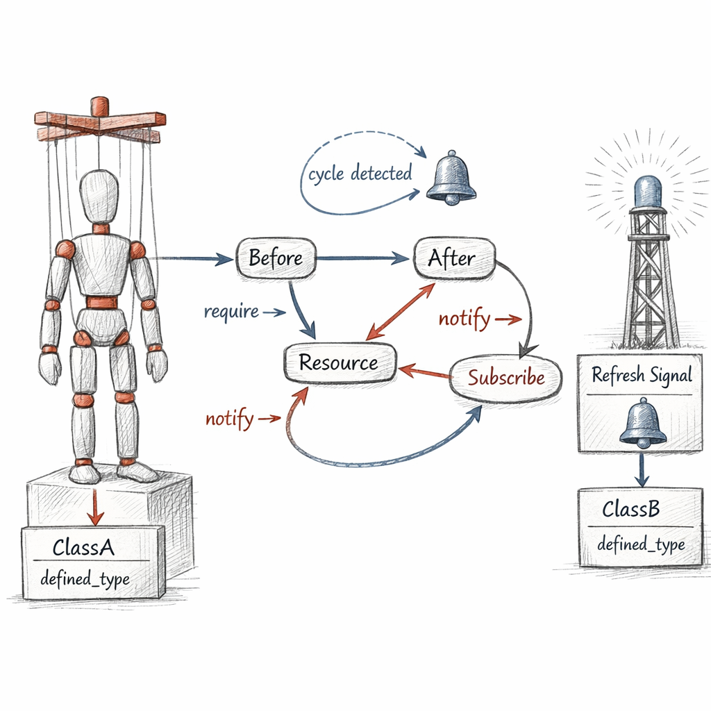 Puppet resource ordering graph with before, after, require, notify, subscribe metaparameters as directed edges, containment arrows from classes and defined types, refresh signals, and cycle detection, precise ixen-light systems diagram.