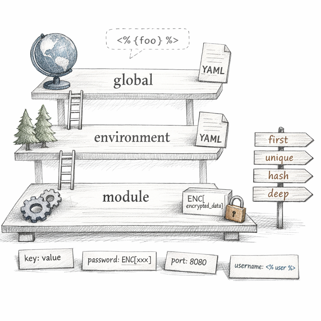 Puppet Hiera hierarchy shown as layered lookup tiers — global, environment, module — with YAML backends, interpolation tokens, merge strategies (first, unique, hash, deep), and eyaml encrypted keys visible, crisp ixen-light technical art.