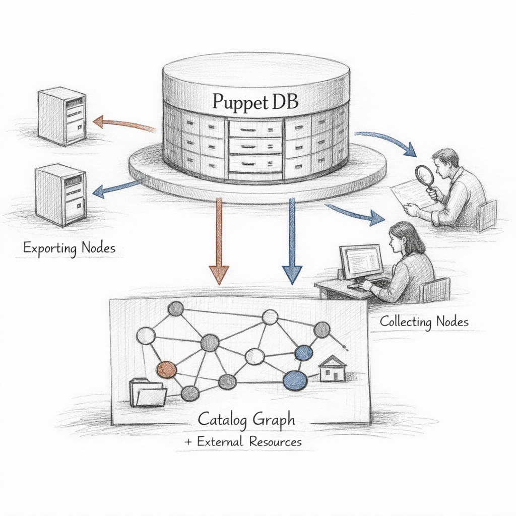 Puppet exported resources and PuppetDB shown as cross-node coordination — nodes exporting resources into a shared store, collectors querying and realising them, and the catalog graph incorporating external state, ixen-light systems diagram.