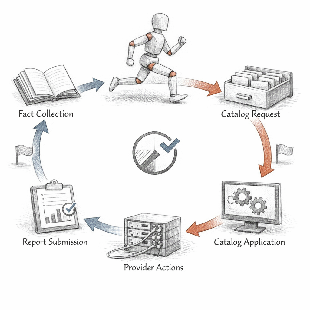 Puppet agent run cycle visualized as a timed loop — fact collection, catalog request, catalog application, provider actions, report submission — with idempotent convergence arrows and drift detection markers, precise ixen-light technical illustration.