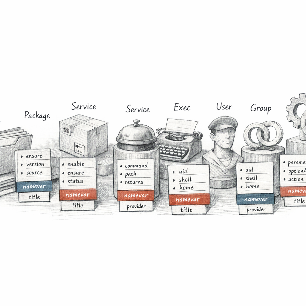 Puppet resource types shown as a precise taxonomy — file, package, service, exec, user, group, and custom types — each with attributes, namevar, title, and provider layers, ixen-light technical illustration.