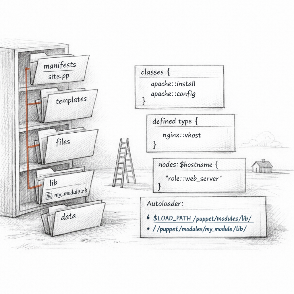 Puppet module structure rendered as a precise filesystem diagram — manifests, templates, files, lib, data directories — with class declarations, defined types, and autoloader paths visible, crisp ixen-light systems art.