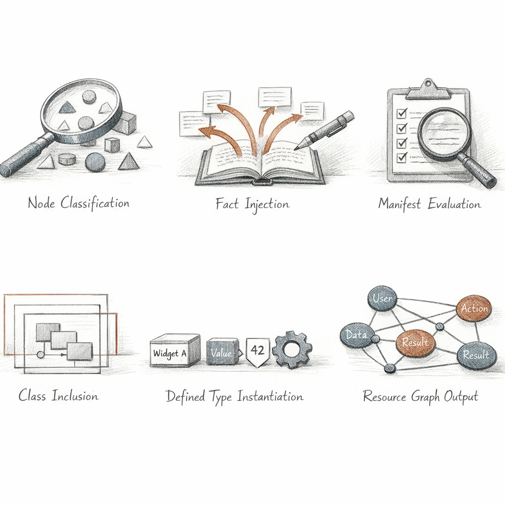 Puppet catalog compilation shown as sequential phases — node classification, fact injection, manifest evaluation, class inclusion, defined type instantiation, and final resource graph output — precise ixen-light technical diagram.