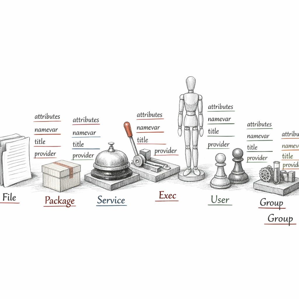 Puppet resource types shown as a precise taxonomy — file, package, service, exec, user, group, and custom types — each with attributes, namevar, title, and provider layers, ixen-light technical illustration.
