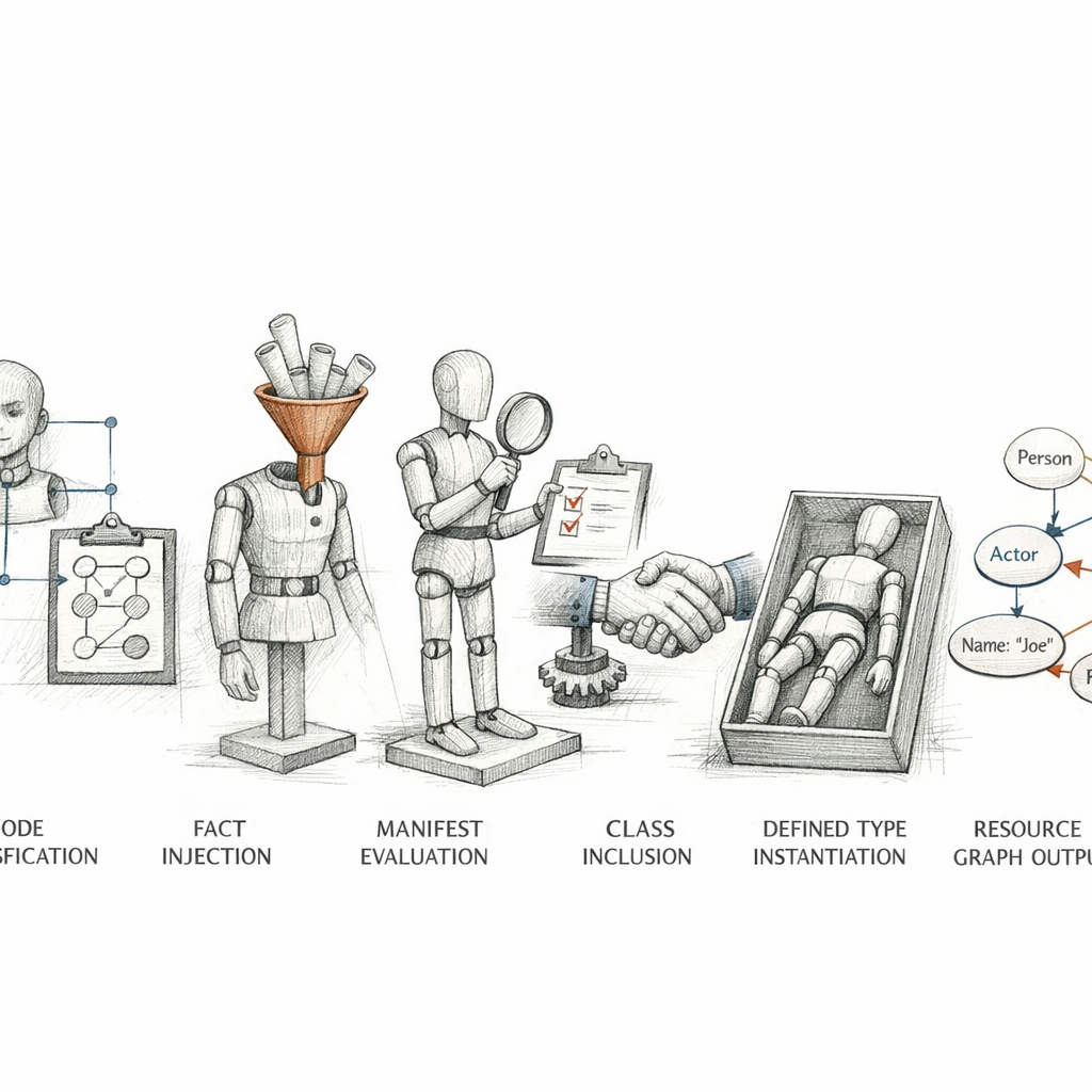 Puppet catalog compilation shown as sequential phases — node classification, fact injection, manifest evaluation, class inclusion, defined type instantiation, and final resource graph output — precise ixen-light technical diagram.