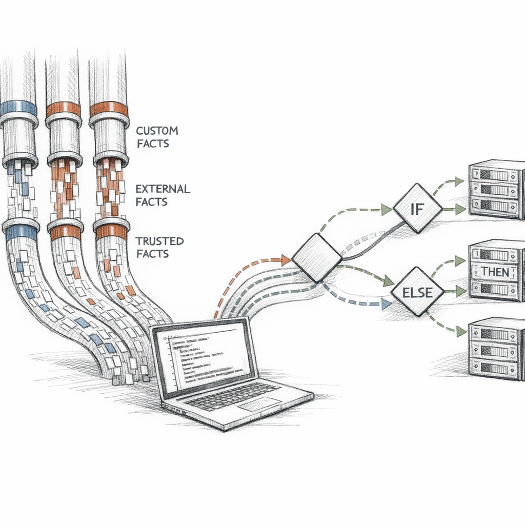Facter facts flowing into Puppet catalog compilation visualized as structured data streams — core facts, custom facts, external facts, trusted facts, and fact-conditional branching in manifests, ixen-light technical illustration.