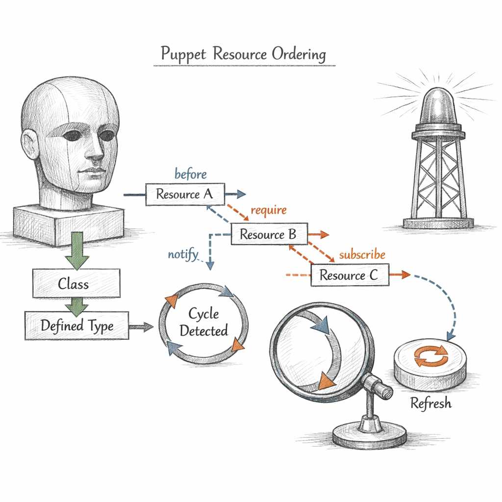 Puppet resource ordering graph with before, after, require, notify, subscribe metaparameters as directed edges, containment arrows from classes and defined types, refresh signals, and cycle detection, precise ixen-light systems diagram.