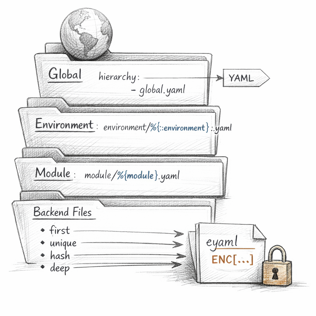 Puppet Hiera hierarchy shown as layered lookup tiers — global, environment, module — with YAML backends, interpolation tokens, merge strategies (first, unique, hash, deep), and eyaml encrypted keys visible, crisp ixen-light technical art.