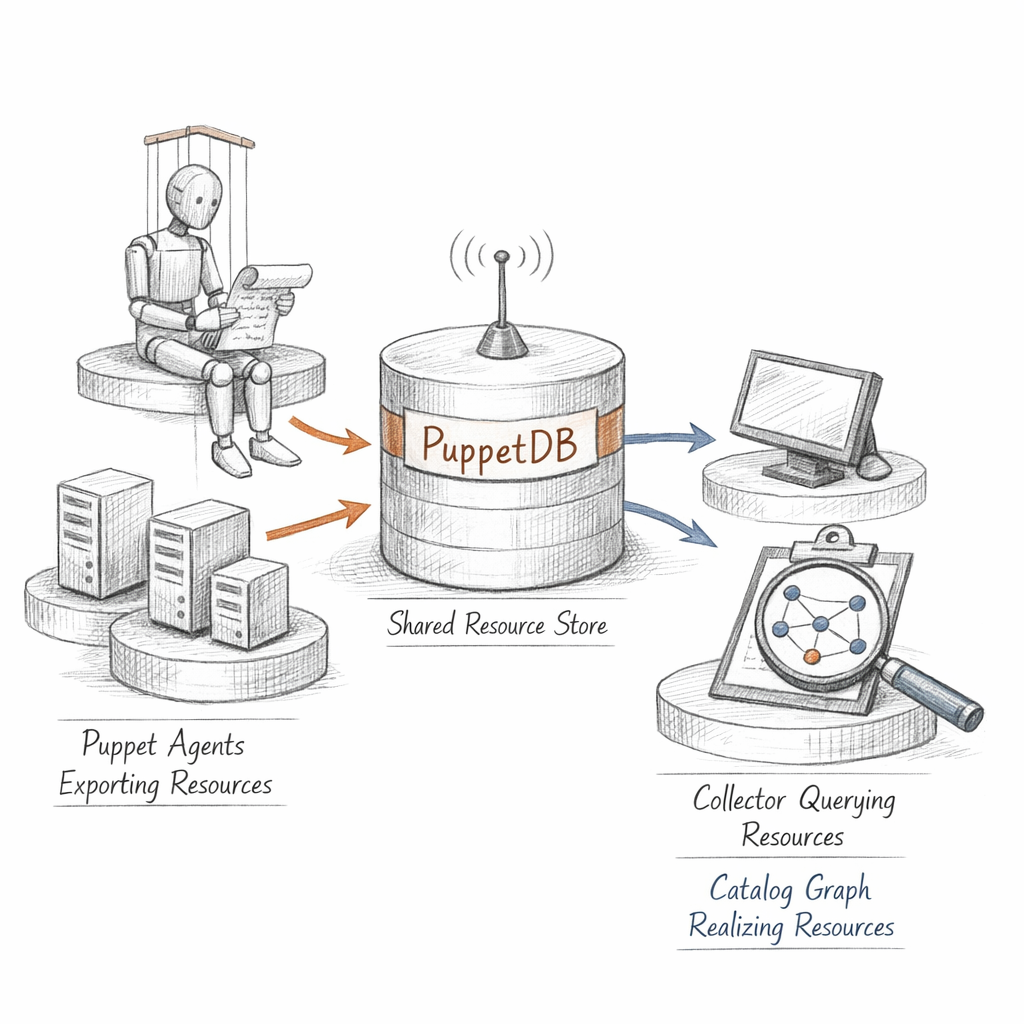 Puppet exported resources and PuppetDB shown as cross-node coordination — nodes exporting resources into a shared store, collectors querying and realising them, and the catalog graph incorporating external state, ixen-light systems diagram.
