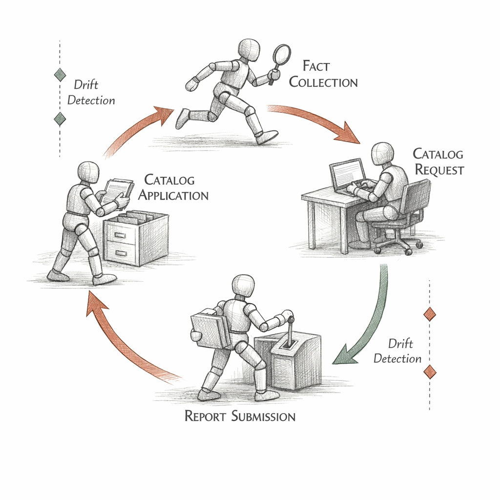 Puppet agent run cycle visualized as a timed loop — fact collection, catalog request, catalog application, provider actions, report submission — with idempotent convergence arrows and drift detection markers, precise ixen-light technical illustration.