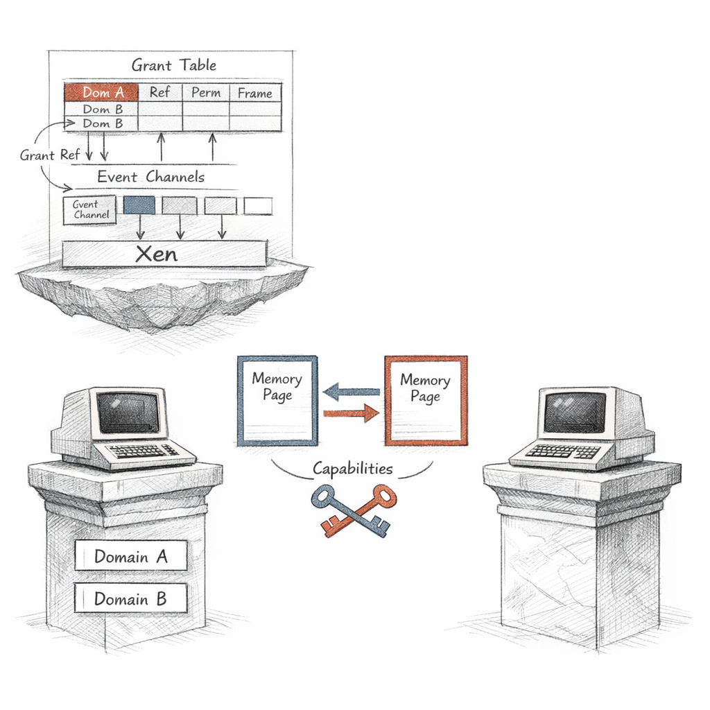 Xen grant tables and event channels rendered as a precise white-paper systems diagram, guest domains exchanging memory pages through explicit capabilities, ixen-light technical illustration.