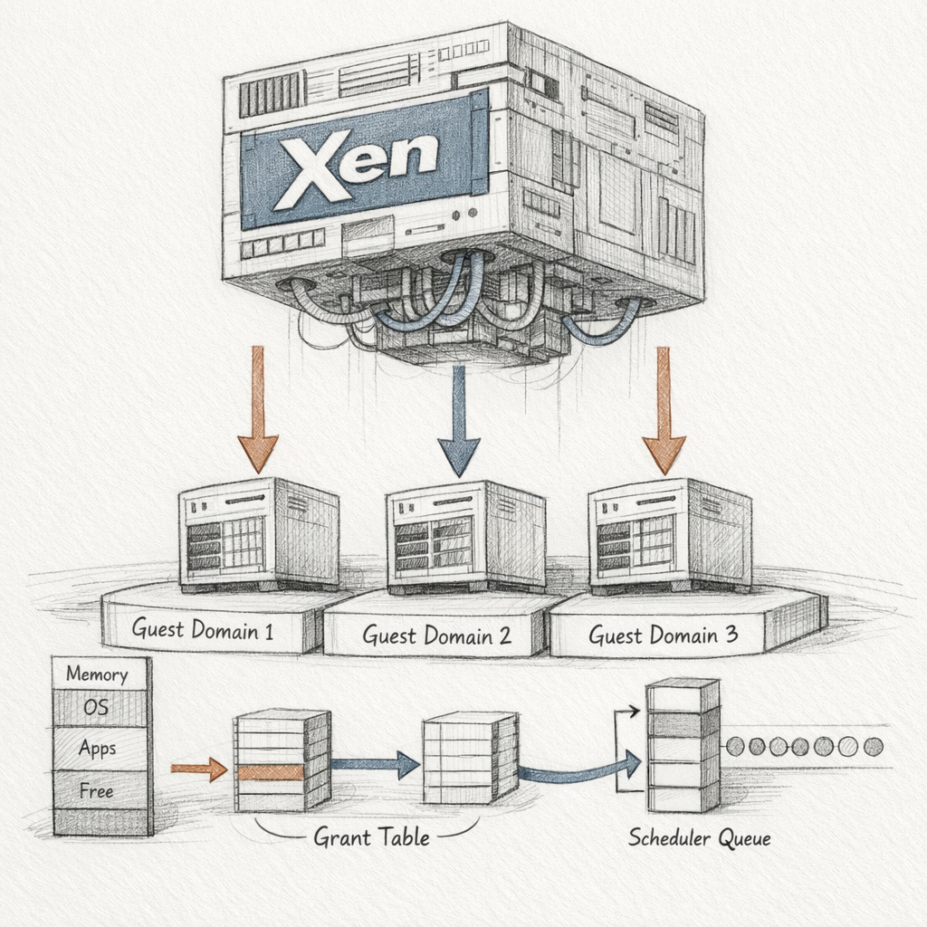 A Xen hypervisor as a stern geometric machine-intelligence suspended above three guest domains, technical diagram energy, memory maps, grant-table arrows, scheduler queues, white paper texture, precise linework.