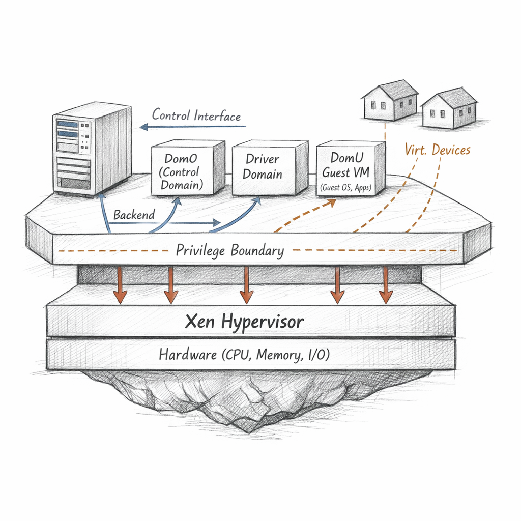 Xen domain architecture rendered as a precise white-paper systems diagram, hypervisor layer below dom0, driver domains, stub domains, and domU guests, privilege boundaries and control paths visible, ixen-light technical illustration.