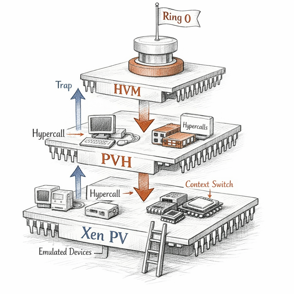 Xen PV, HVM, and PVH guest execution modes shown as stacked CPU privilege transitions, hypercalls, emulated devices, paravirtual drivers, and hardware virtualization assists, crisp ixen-light systems artwork.