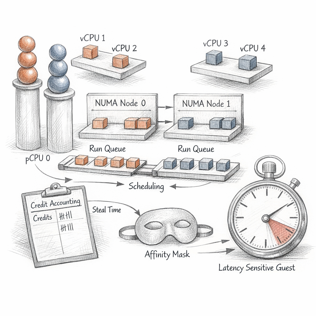 Xen CPU scheduling visualized as pCPUs, vCPUs, run queues, NUMA nodes, affinity masks, credit accounting, steal time, and latency-sensitive guests, precise ixen-light technical diagram.