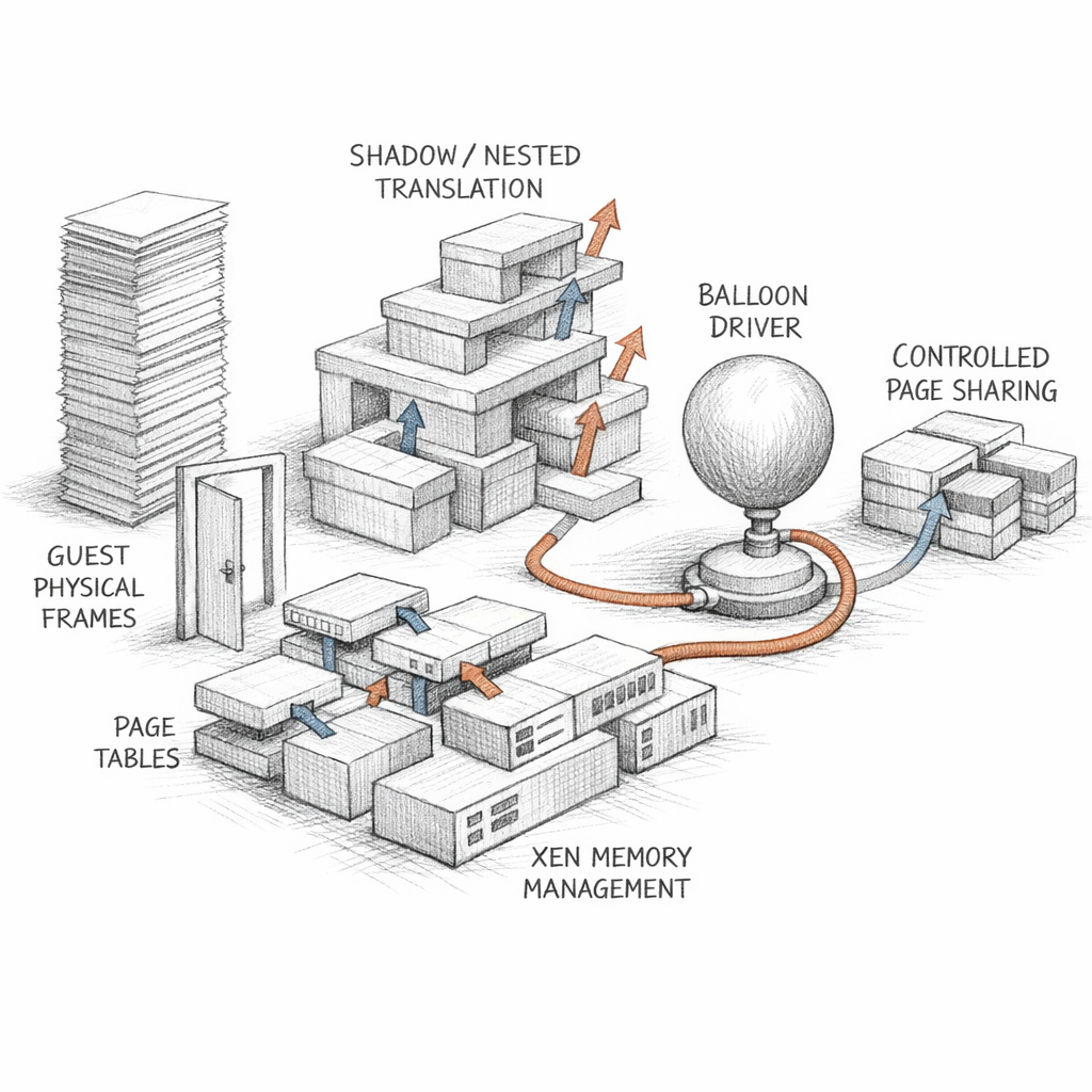 Xen memory management drawn as machine frames, guest physical frames, page tables, shadow or nested translation, balloon drivers, and controlled page sharing paths, ixen-light technical illustration.