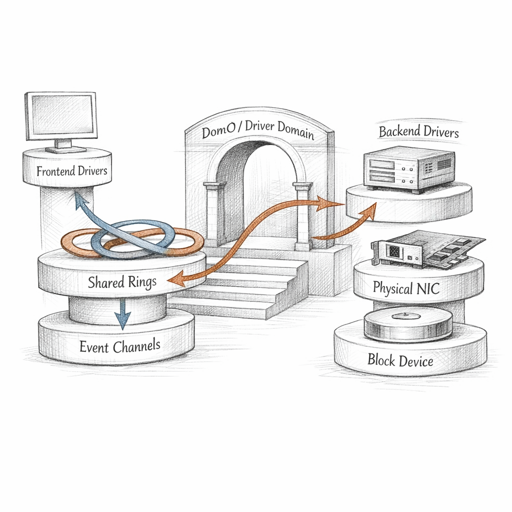Xen split-driver I/O path shown from frontend drivers through shared rings, event channels, backend drivers in dom0 or a driver domain, and physical NIC and block devices, crisp ixen-light systems art.