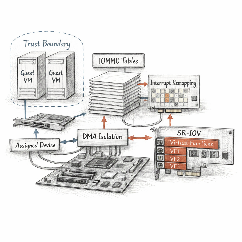 Xen PCI passthrough and DMA isolation rendered with IOMMU tables, interrupt remapping, SR-IOV virtual functions, assigned devices, and trust boundaries around guests, precise ixen-light diagram.