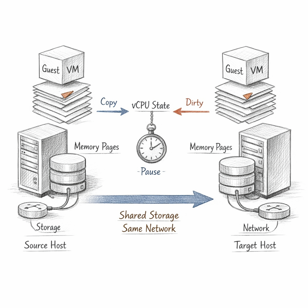 Xen live migration as a staged state-transfer diagram, guest memory pages copied and dirtied, vCPU state paused briefly, storage and network identity preserved across hosts, ixen-light technical artwork.