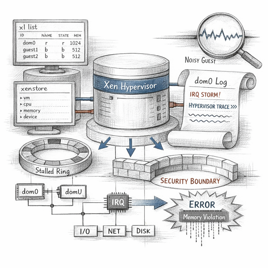 Xen operational diagnostics shown as xl and xenstore views, dom0 logs, hypervisor traces, stalled rings, IRQ storms, noisy guests, and security boundaries under stress, crisp ixen-light systems diagram.