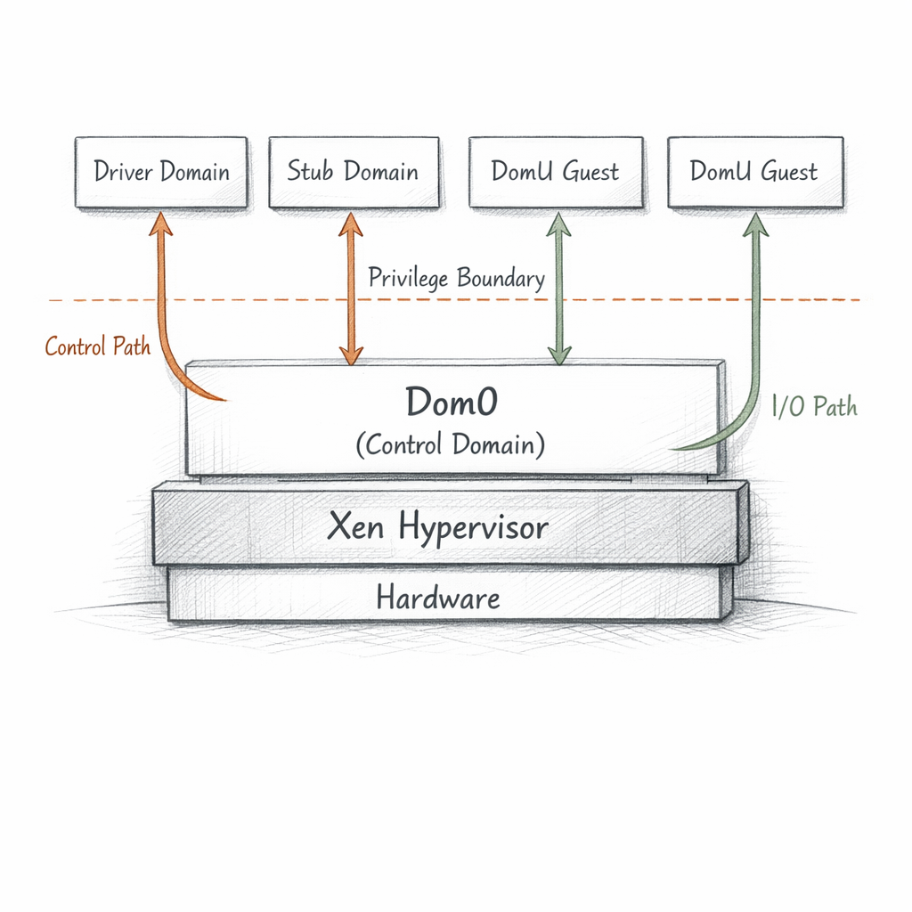Xen domain architecture rendered as a precise white-paper systems diagram, hypervisor layer below dom0, driver domains, stub domains, and domU guests, privilege boundaries and control paths visible, ixen-light technical illustration.