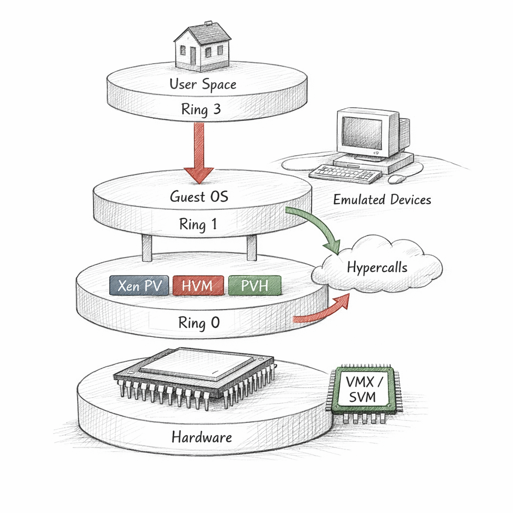 Xen PV, HVM, and PVH guest execution modes shown as stacked CPU privilege transitions, hypercalls, emulated devices, paravirtual drivers, and hardware virtualization assists, crisp ixen-light systems artwork.