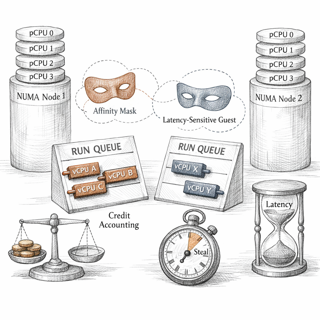 Xen CPU scheduling visualized as pCPUs, vCPUs, run queues, NUMA nodes, affinity masks, credit accounting, steal time, and latency-sensitive guests, precise ixen-light technical diagram.