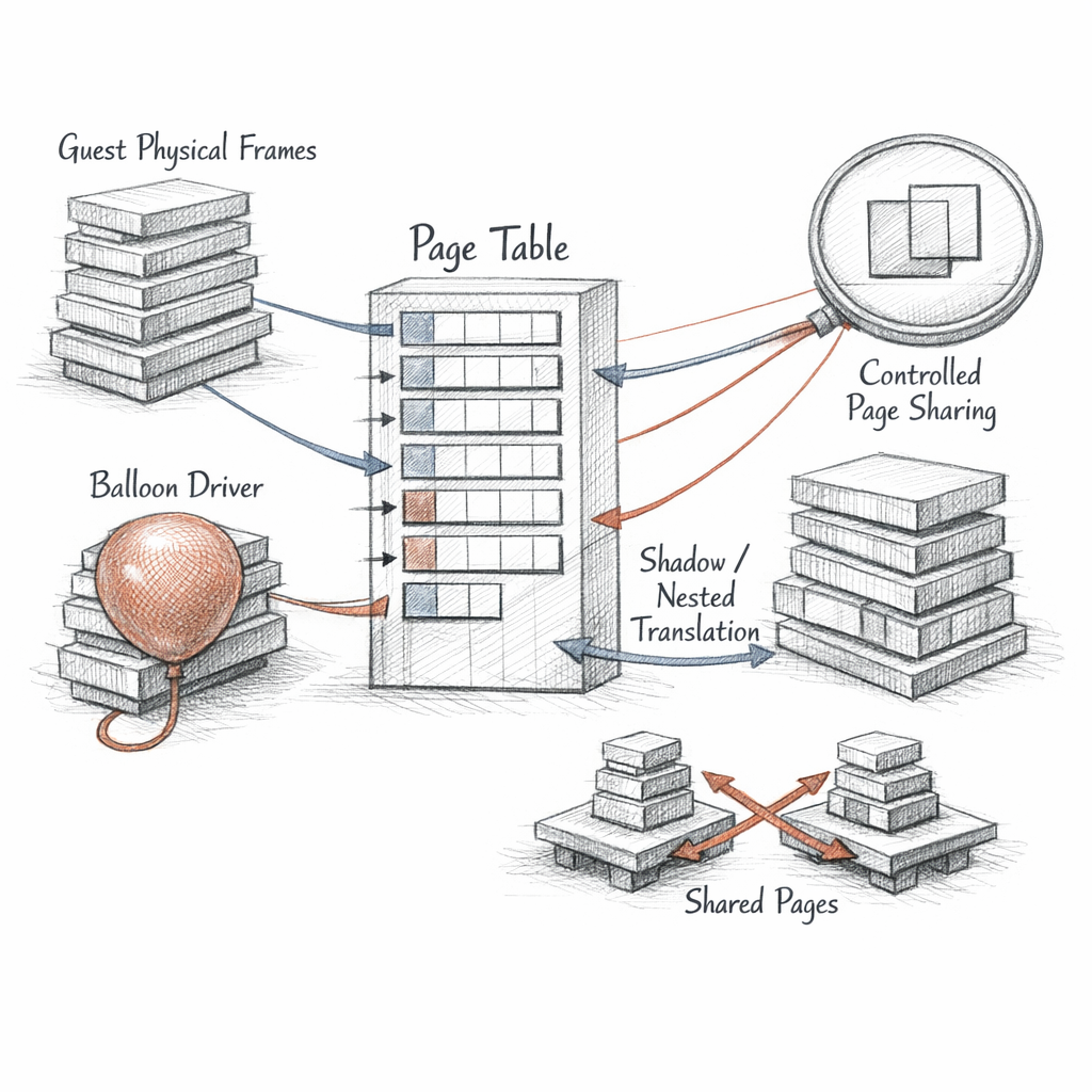 Xen memory management drawn as machine frames, guest physical frames, page tables, shadow or nested translation, balloon drivers, and controlled page sharing paths, ixen-light technical illustration.