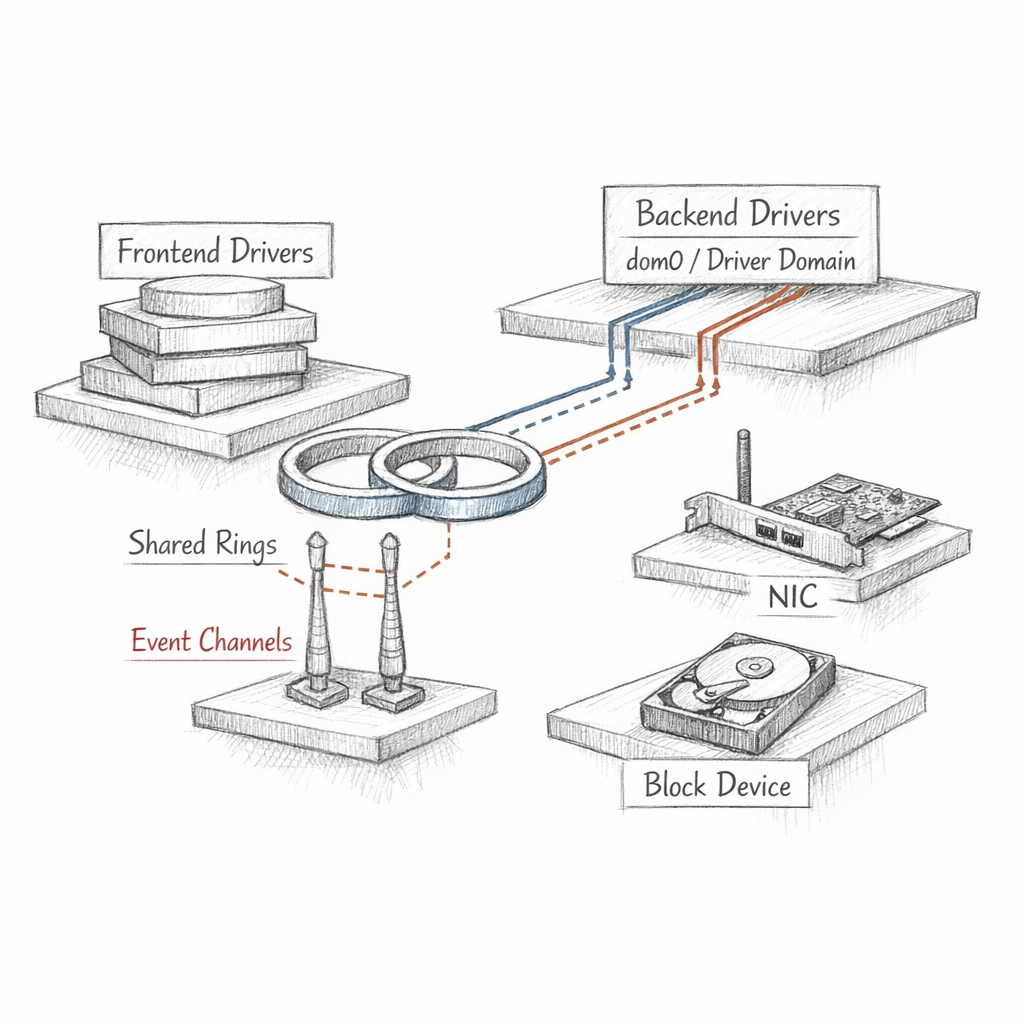 Xen split-driver I/O path shown from frontend drivers through shared rings, event channels, backend drivers in dom0 or a driver domain, and physical NIC and block devices, crisp ixen-light systems art.