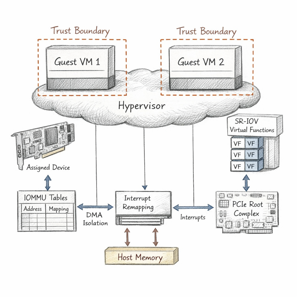 Xen PCI passthrough and DMA isolation rendered with IOMMU tables, interrupt remapping, SR-IOV virtual functions, assigned devices, and trust boundaries around guests, precise ixen-light diagram.